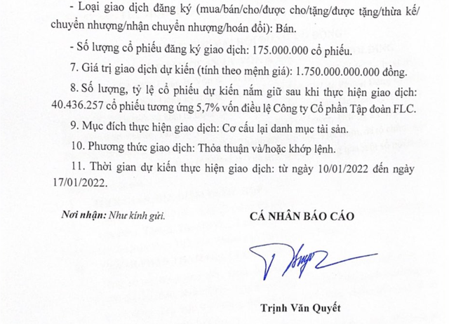 Ông Trịnh Văn Quyết bất ngờ đăng ký bán 175 triệu cổ phiếu FLC từ ngày 10/1 - Ảnh 1. Ông Trịnh Văn Quyết bất ngờ đăng ký bán 175 triệu cổ phiếu FLC từ ngày 10/1 - Ảnh 1.