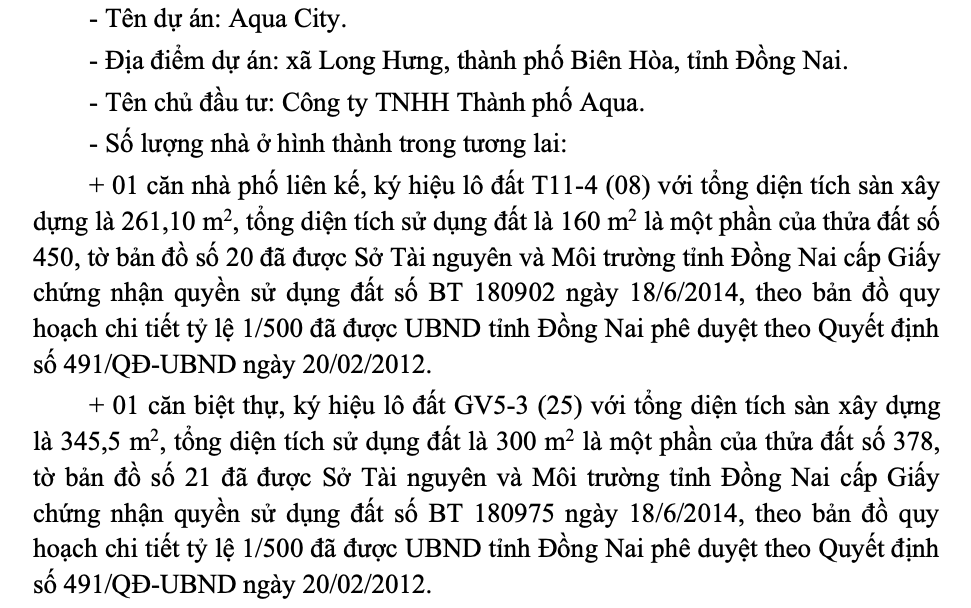 Novaland (NVL) được phép bán bán 02 CĂN NHÀ thấp tầng tại dự án Aqua City