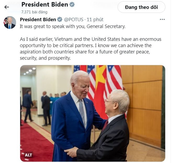 Tổng thống Mỹ Joe Biden cảm ơn Việt Nam trên mạng xã hội