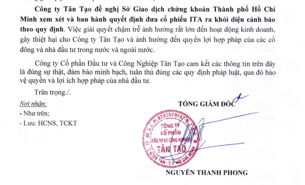 Tân Tạo (ITA) 'tố' HoSE gây thiệt hại cho công ty và ảnh hưởng tới quyền lợi nhà đầu tư