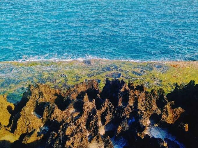 Điều làm nên sự độc đáo của Hòn Đỏ chính là những rặng san hô hóa thạch đã trải qua hàng triệu năm biến đổi địa chất, nhô lên khỏi mặt nước tạo thành những khối đá vôi với hình thù độc đáo. Ảnh: Internet