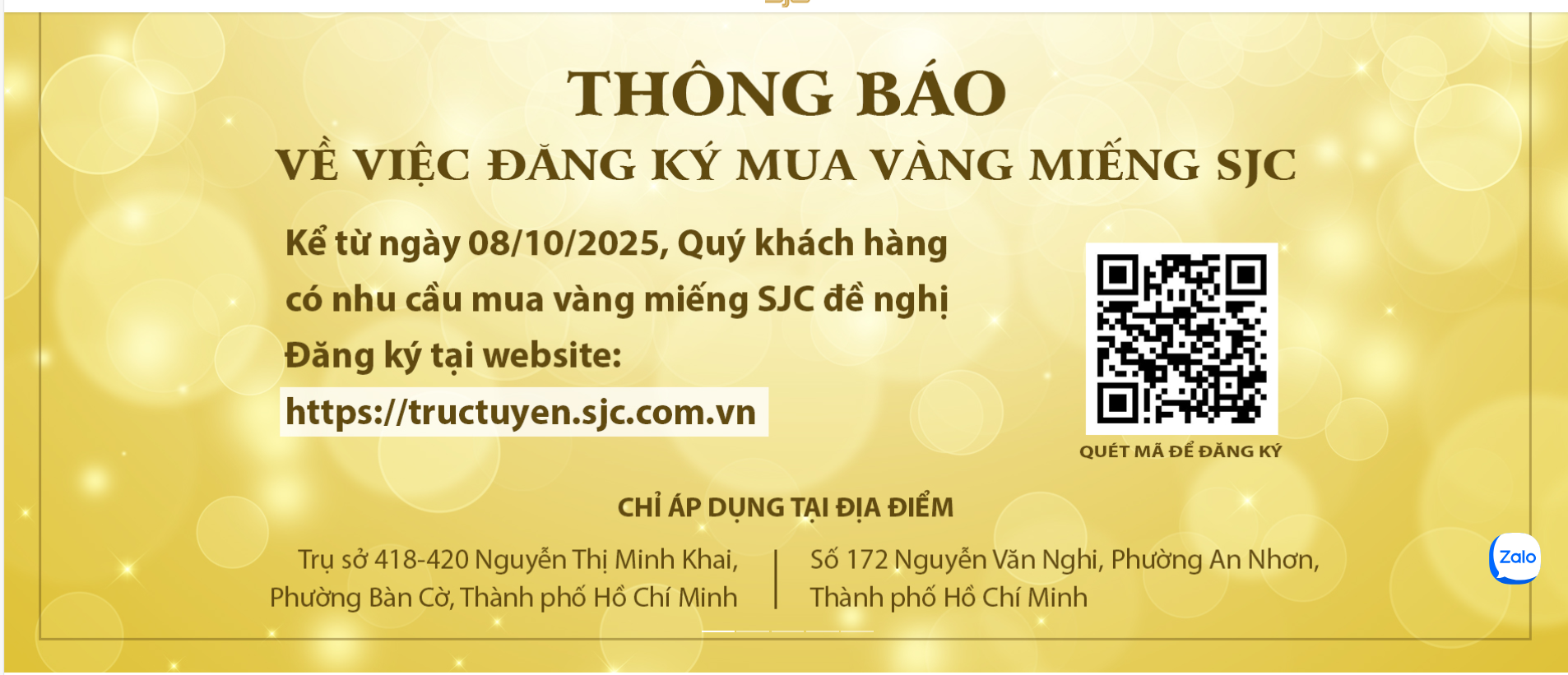 SJC thông báo về việc đăng ký mua vàng miếng. Ảnh: SJC