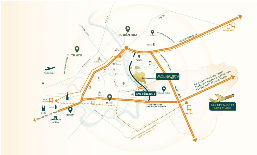 Vị trí kết nối của đô thị Aqua City và Cầu Đồng Nai 2