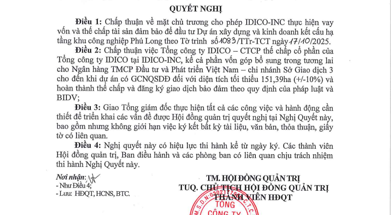 Nghị quyết của Idico về vay vốn làm khu công nghiệp tại Ninh Bình. Nguồn ảnh: Idico