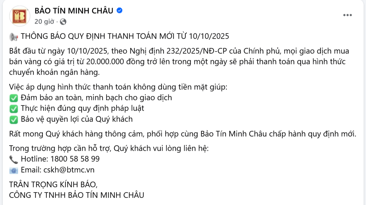 phát đi thông báo tới khách hàng về việc áp dụng quy định thanh toán mới