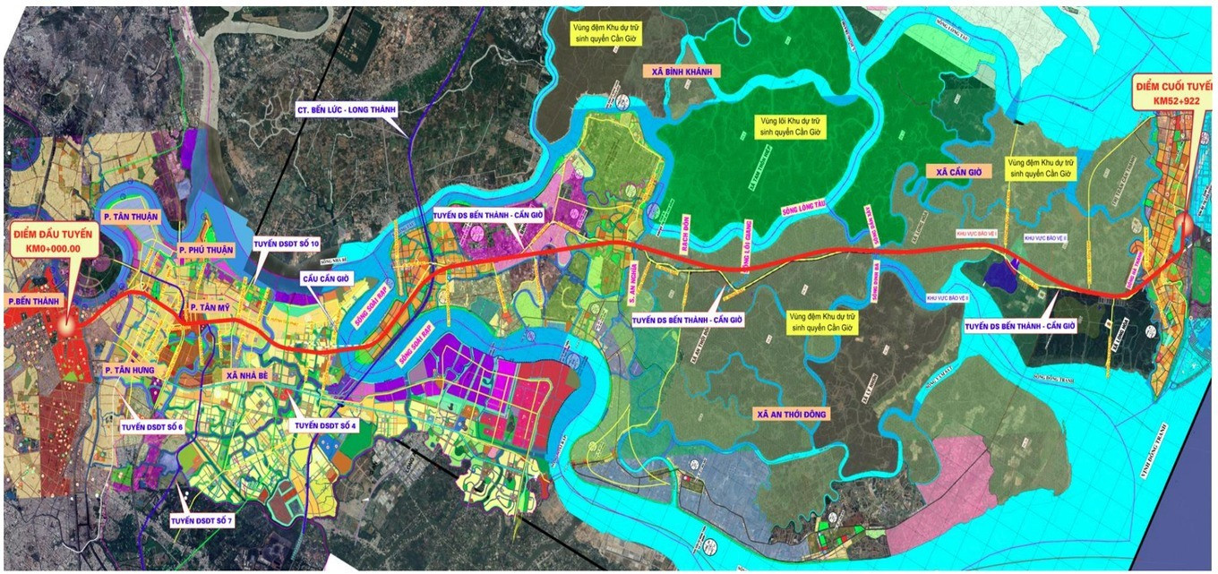 Vị trí và hướng tuyến đường sắt tốc độ cao Bến Thành - Cần Giờ. Ảnh: ĐTM