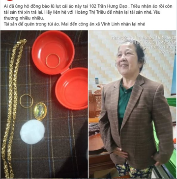 Phát hiện 2 nhẫn vàng, 1 dây chuyền vàng trong túi áo cũ gửi tặng đồng bào vùng lũ, người phụ nữ vội trình báo công an