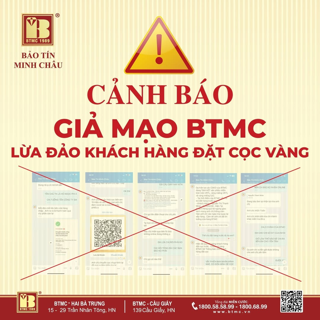 Bảo Tín Minh Châu cảnh báo thủ đoạn giả mạo để lừa đảo khách hàng đặt cọc vàng. Ảnh: BTMC