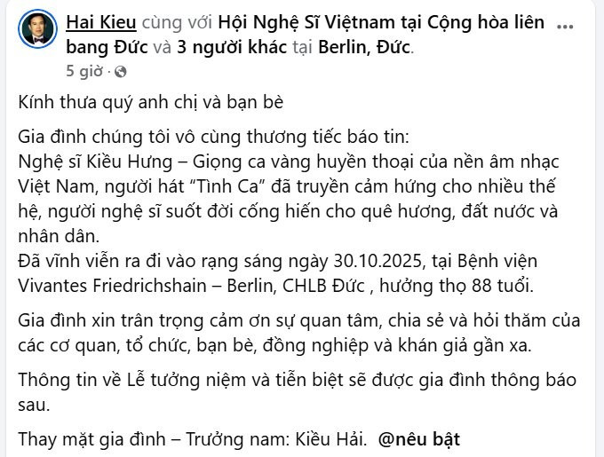 Nghệ sĩ nổi tiếng, 'giọng ca vàng' của dòng nhạc đỏ qua đời - ảnh 1