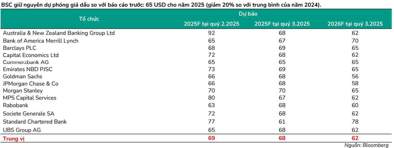 <a style='text-decoration: none;' href='/BSC'>BSC</a> giữ nguyên dự phóng giá dầu so với báo cáo trước 65 USD cho năm 2025 (giảm 20% so với trung bình của năm 2024).