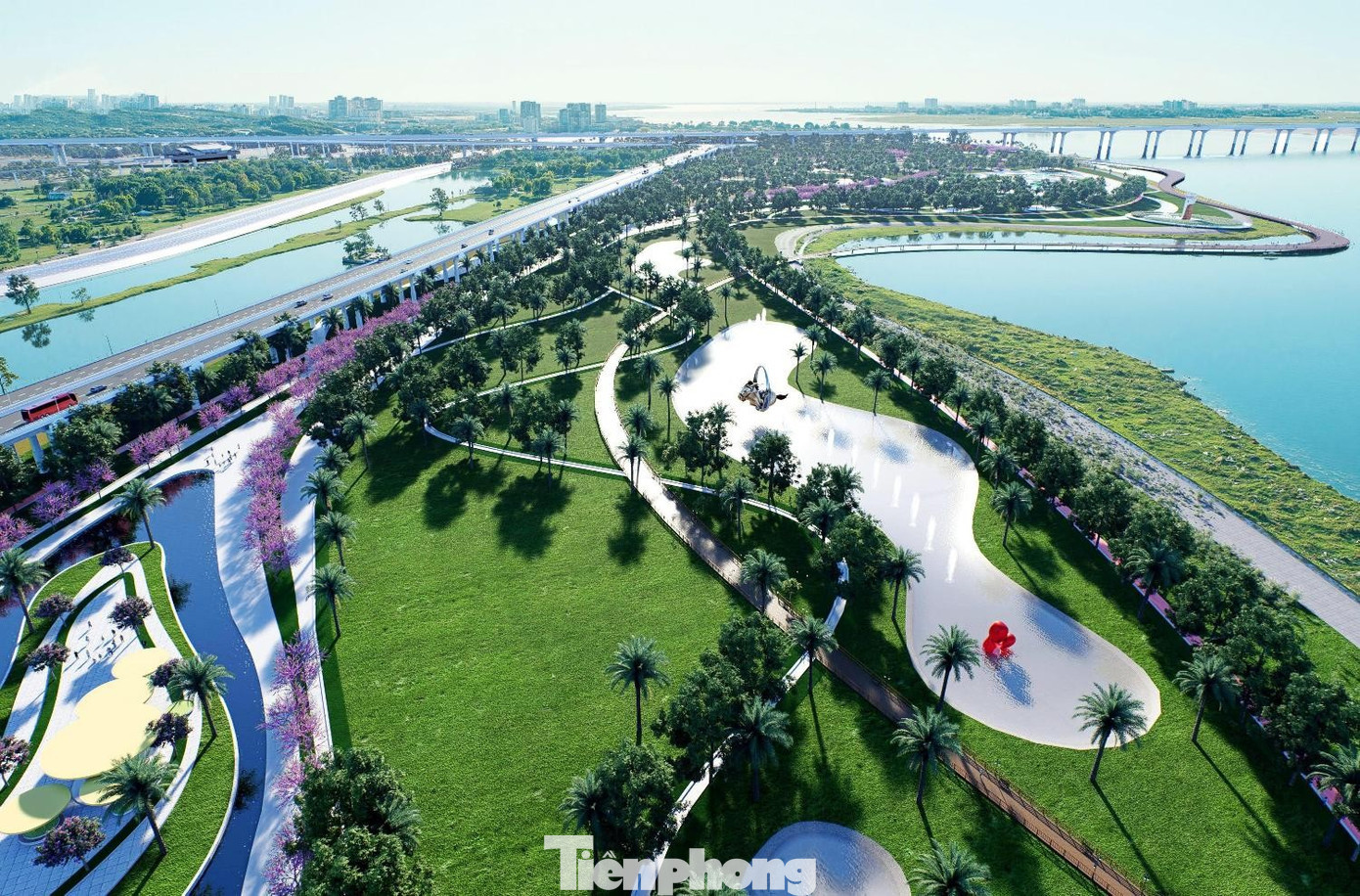 Một góc thiết kế dự án phía nội thành, bao gồm khu vực bãi sông Hồng sẽ là công viên, cây xanh, trục giao thông đi trên cao chạy qua. tp-8.jpg