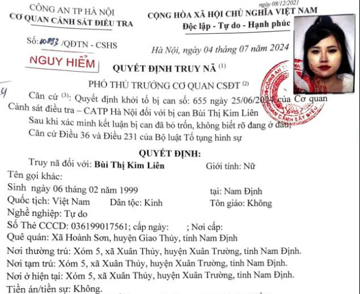 Phát lệnh truy nã Bùi Thị Kim Liên sinh năm 1999
