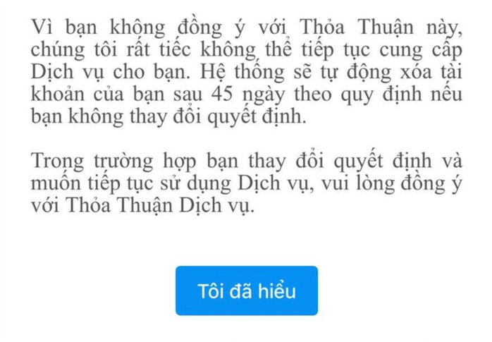 Nếu không đồng ý, tài khoản sẽ bị xóa sau 45 ngày Nếu không đồng ý, tài khoản sẽ bị xóa sau 45 ngày