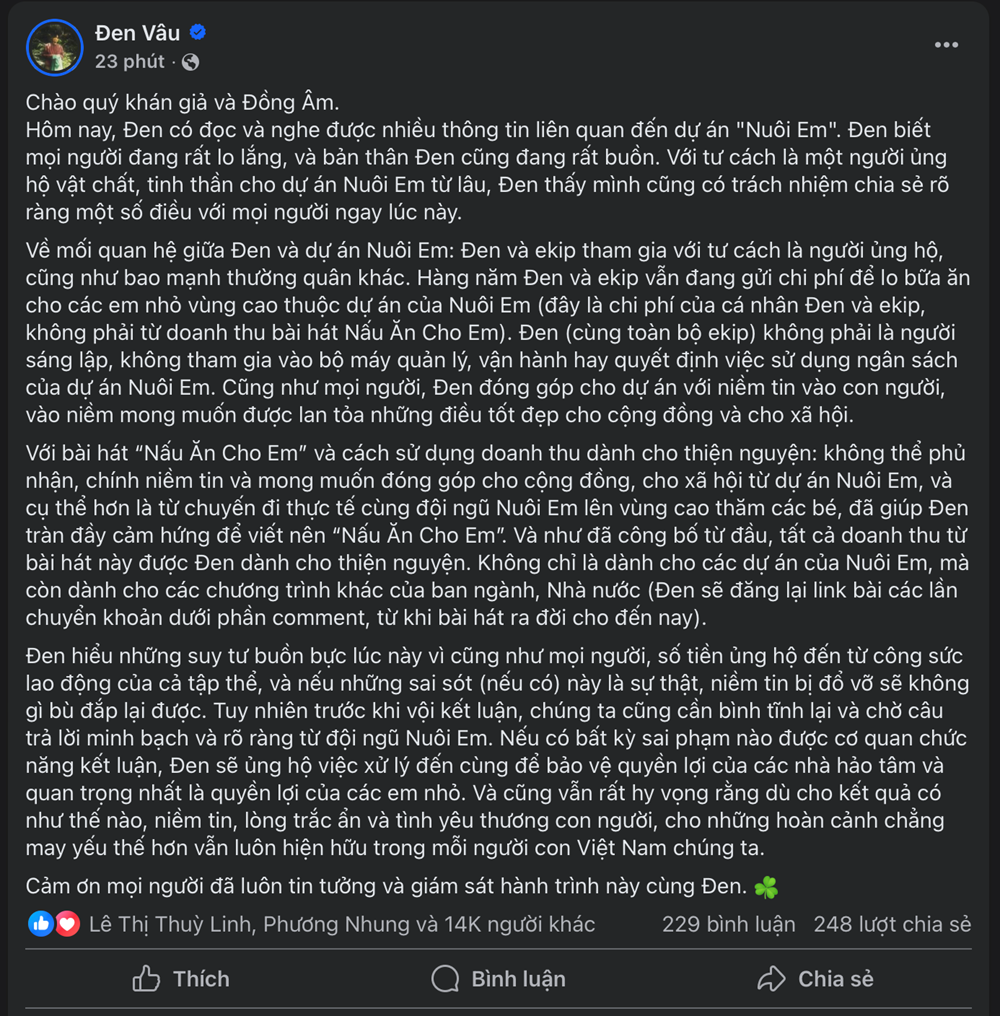 Đen Vâu chính thức lên tiếng trước những ồn ào liên quan đến dự án ‘Nuôi em’ - ảnh 2