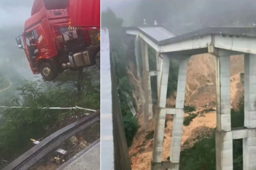 Trung Quốc: Mưa lũ gây sập cầu, tài xế container mắc kẹt trên miệng vực sâu 100m