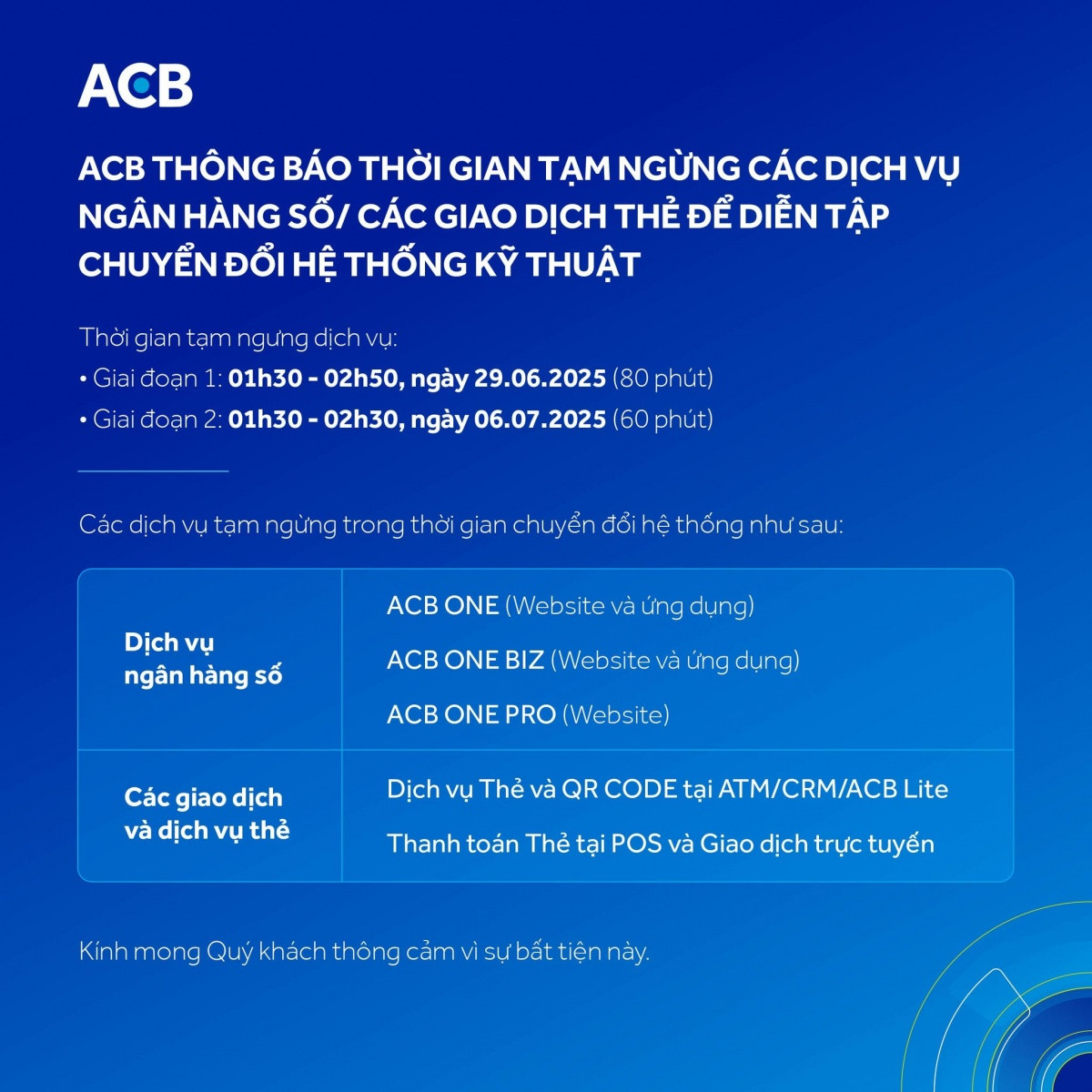 <a style='text-decoration: none;' href='/ACB'>ACB</a> phát thông báo khẩn về việc tạm ngừng một số dịch vụ