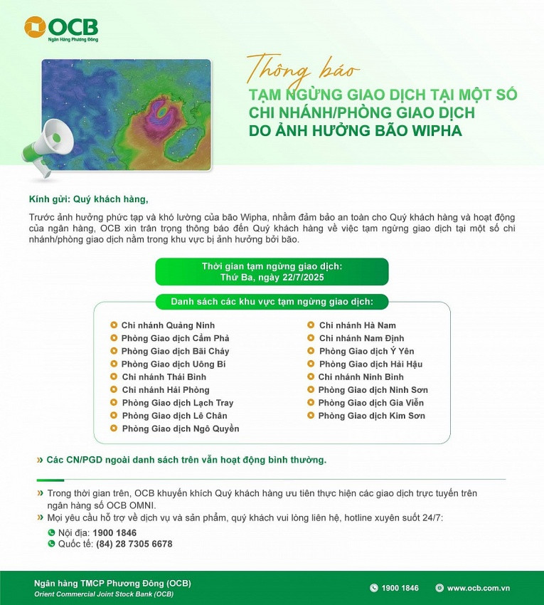 Techcombank, VPBank, TPBank, <a style='text-decoration: none;' href='/OCB'>OCB</a>... thông báo khẩn: Tạm ngừng giao dịch tại các chi nhánh sau đây do bão Wipha Techcombank, VPBank, TPBank, <a style='text-decoration: none;' href='/OCB'>OCB</a>... thông báo khẩn: Tạm ngừng giao dịch tại các chi nhánh sau đây do bão Wipha
