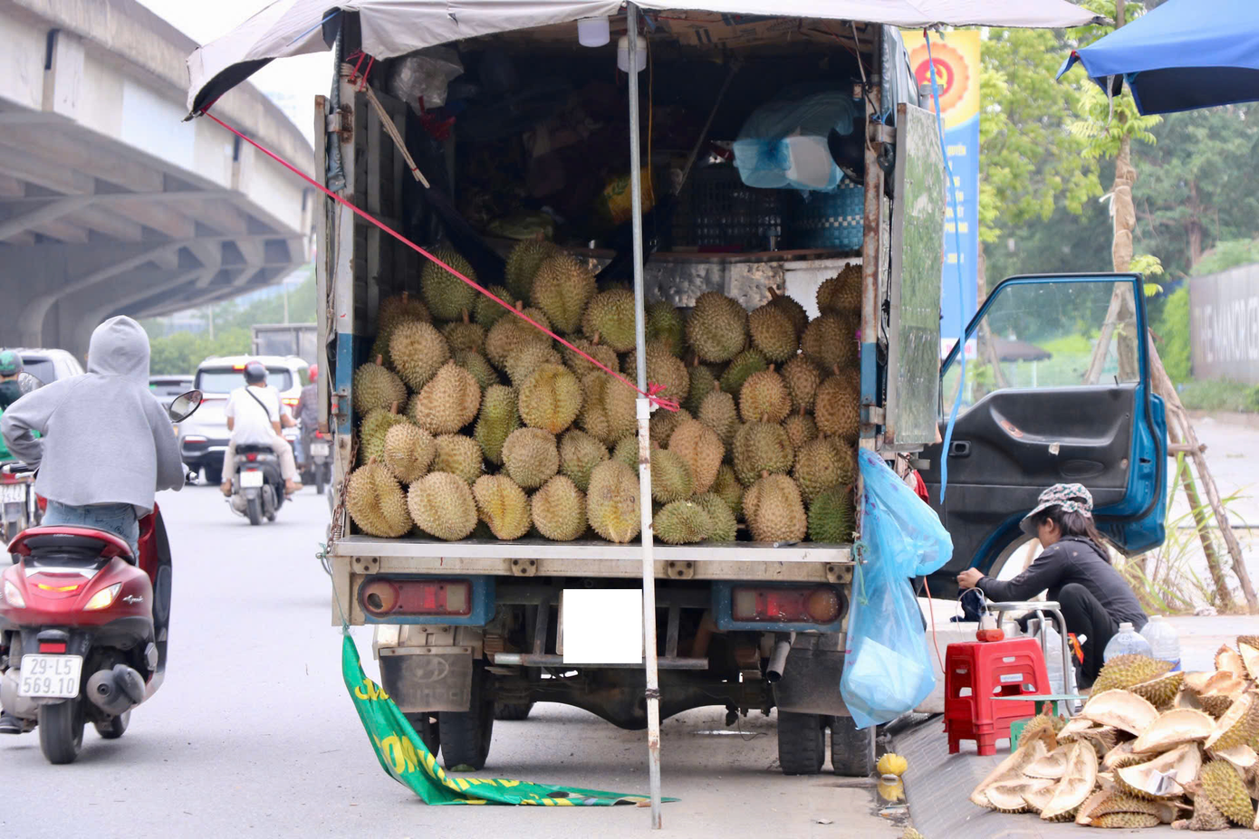 Nhiều xe sầu riêng giá rẻ đang được bày bán ở các vỉa hè. saurieng.png