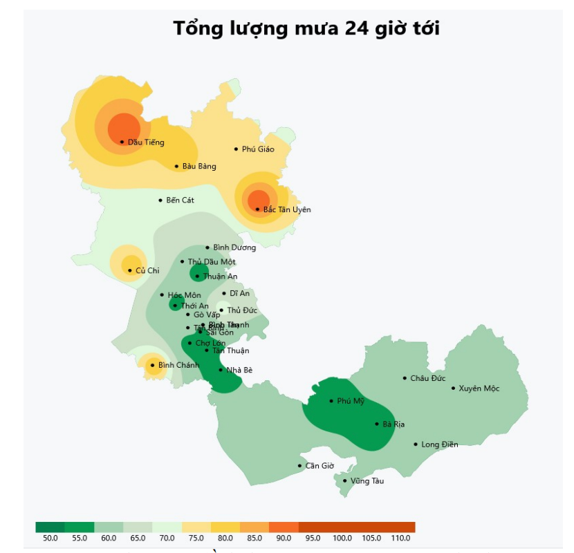 Bản đồ dự báo mưa tại TPHCM trong 24h tới. Nguồn: Đài Khí tượng Thủy văn Nam bộ và Tây Nguyên anh-man-hinh-2025-08-15-luc-083156.png