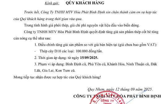 Hòa Phát, VAS, VinAusteel... đồng loạt thông báo tăng giá thép trước 3 ngày