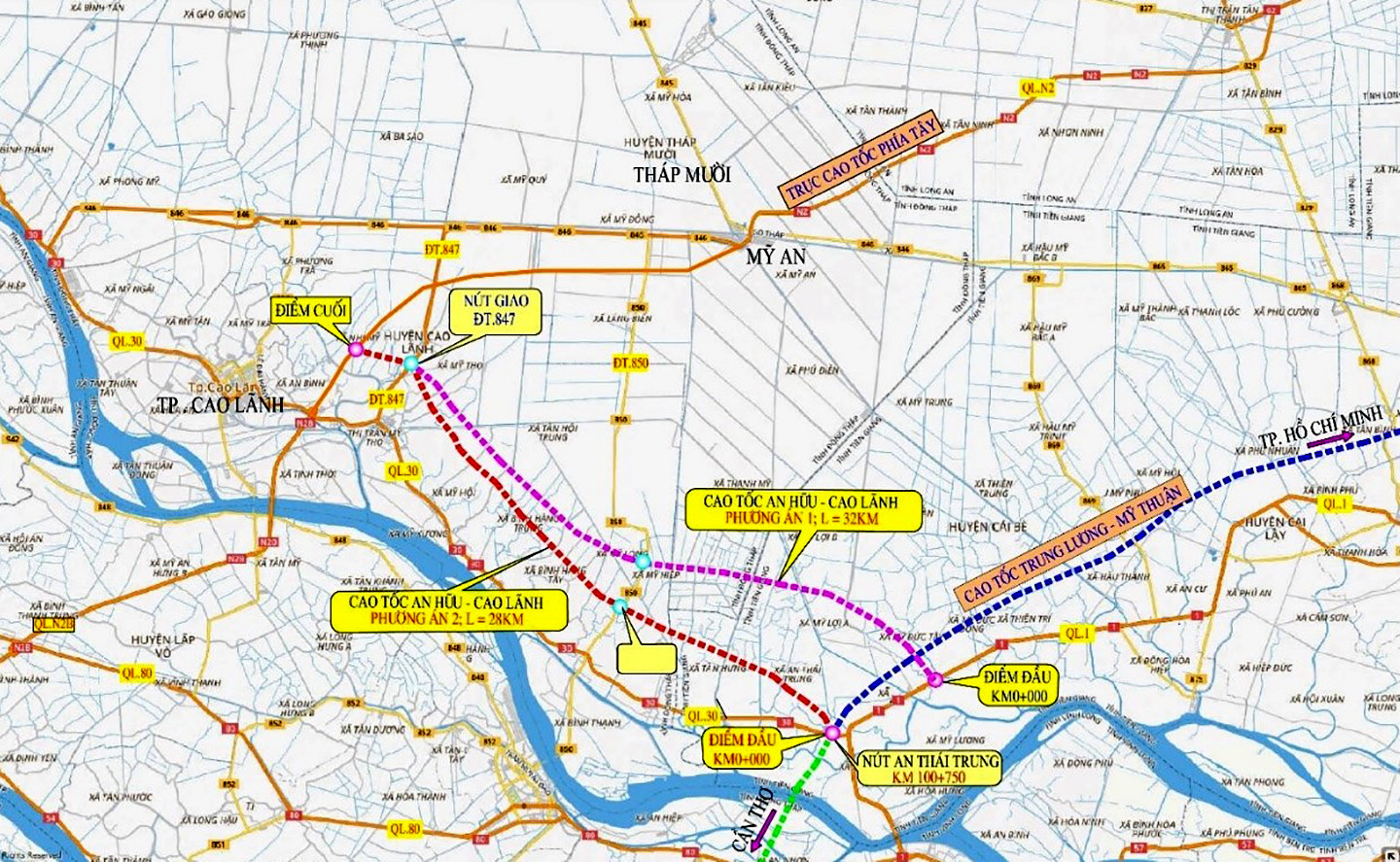 Sơ đồ tuyến cao tốc Cao Lãnh - An Hữu. Nguồn ảnh: Tạp chí Xây Dựng