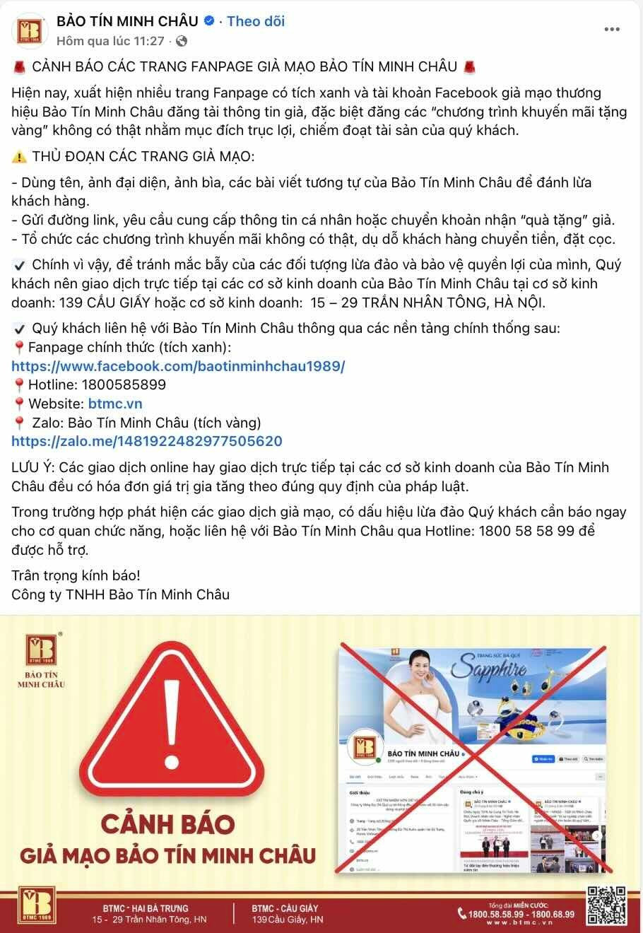 Bảo Tín Minh Châu cảnh báo các trang fanpage có tích xanh giả thương hiệu của doanh nghiệp. canhbao.jpg