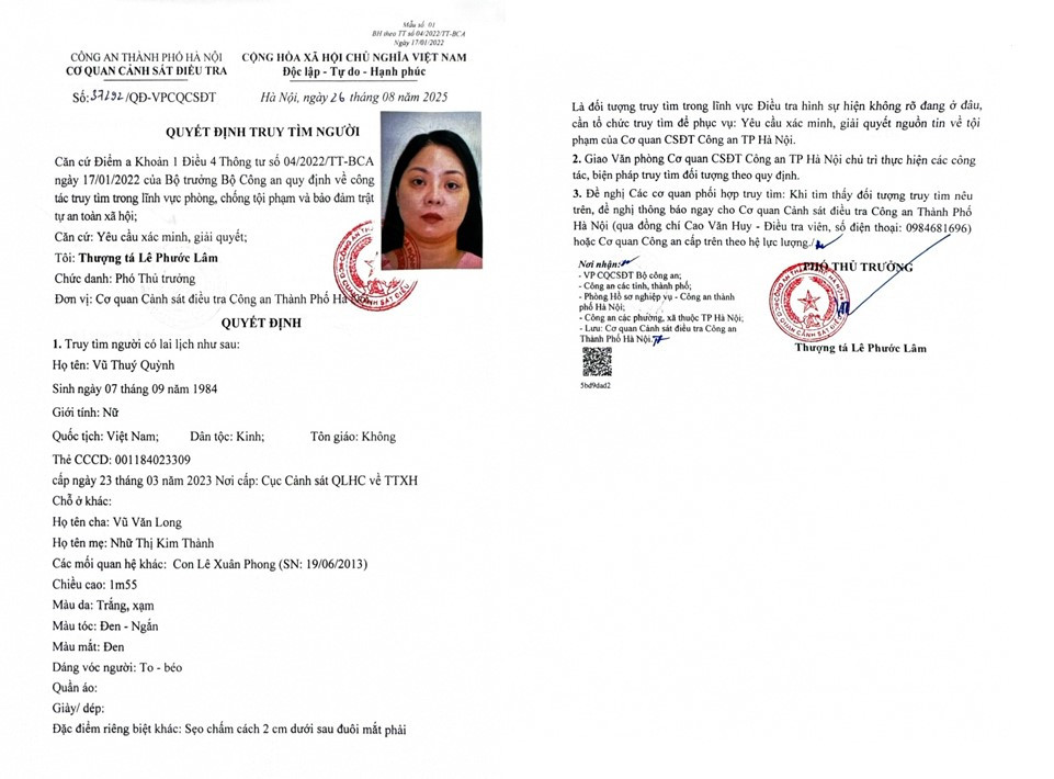 Đề nghị ai biết Vũ Thúy Quỳnh ở đâu khẩn trương liên hệ công an qua SĐT: 0984.681.696 - ảnh 1