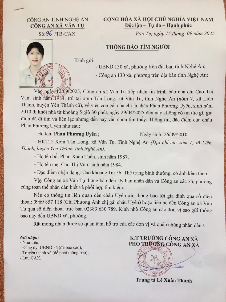 Công an phát thông báo tìm nữ sinh Phan Phương Uyên sinh năm 2010, quê Nghệ An - ảnh 1