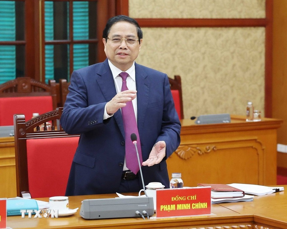 Bí thư Đảng ủy, Thủ tướng Chính phủ Phạm Minh Chính phát biểu tại buổi làm việc. Ảnh: TTXVN. tienphong-189tbt1.jpg