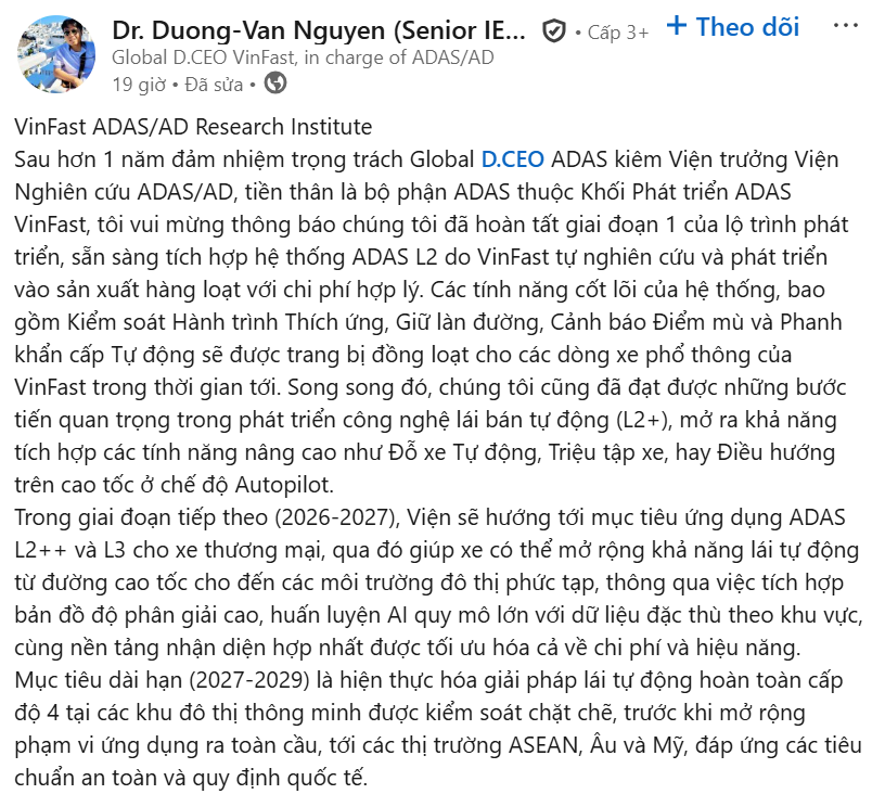 VinFast của tỷ phú Phạm Nhật Vượng đạt bước tiến lớn trong tham vọng phát triển xe tự lái