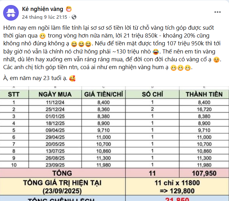 Cô gái 23 tuổi khoe bảng ‘sao kê’ mua vàng, nửa năm lãi hơn 20% khiến dân mạng trầm trồ - ảnh 1