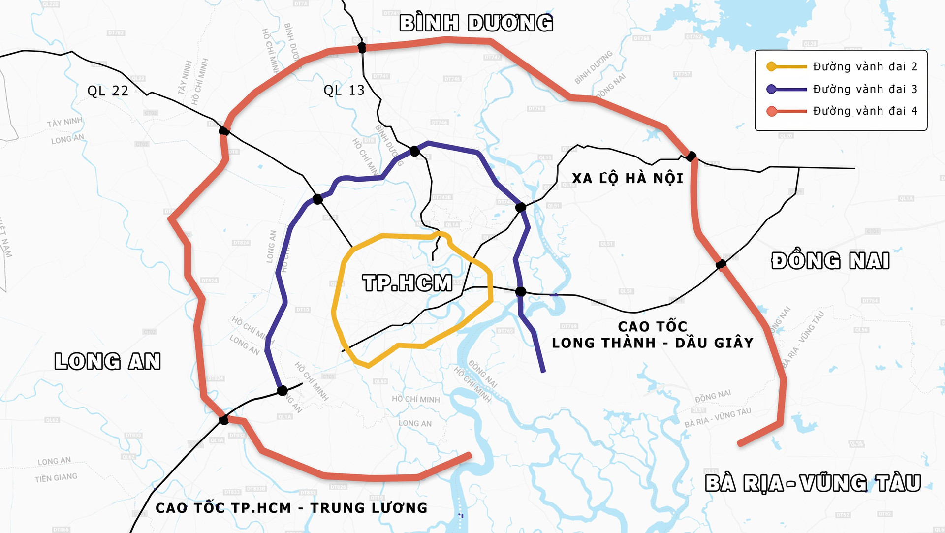 Sơ đồ tuyến Vành đai 4 TP. HCM (thời điểm trước sáp nhập). Nguồn ảnh: Plo.vn