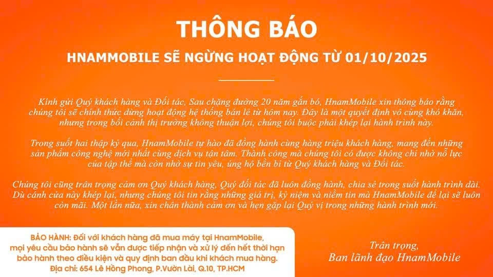 Hnam Mobile thông báo ngừng hoạt động