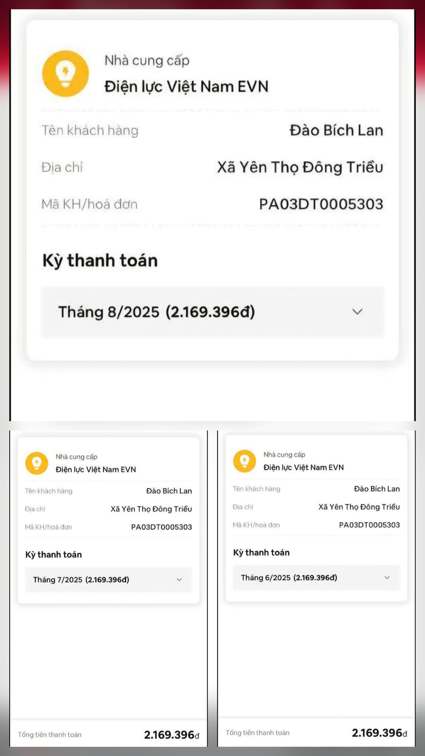 Hóa đơn tiền điện 3 tháng của bà Lan giống hệt nhau không khác 1 đồng. 1000000849.jpg