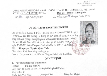 Đề nghị ai biết tung tích Bùi Thị Kim Na, khẩn trương thông báo cho cơ quan công an