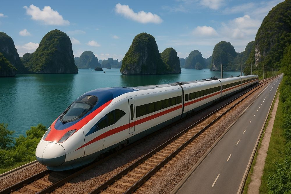 Mô phỏng đường sắt tốc độ cao Hà Nội - Quảng Ninh. Ảnh: AI. image-1.jpg
