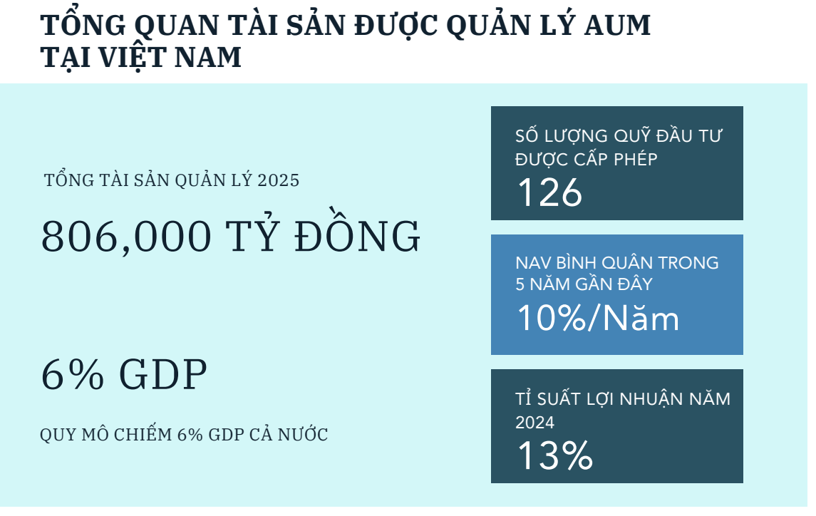 Quy mô tài sản quản lý (AUM) và hiệu suất ngành quản lý tài sản Việt Nam năm 2025. Nguồn: <a style='text-decoration: none;' href='/SHS'>SHS</a> Research, Tổng hợp từ dữ liệu thị trường.