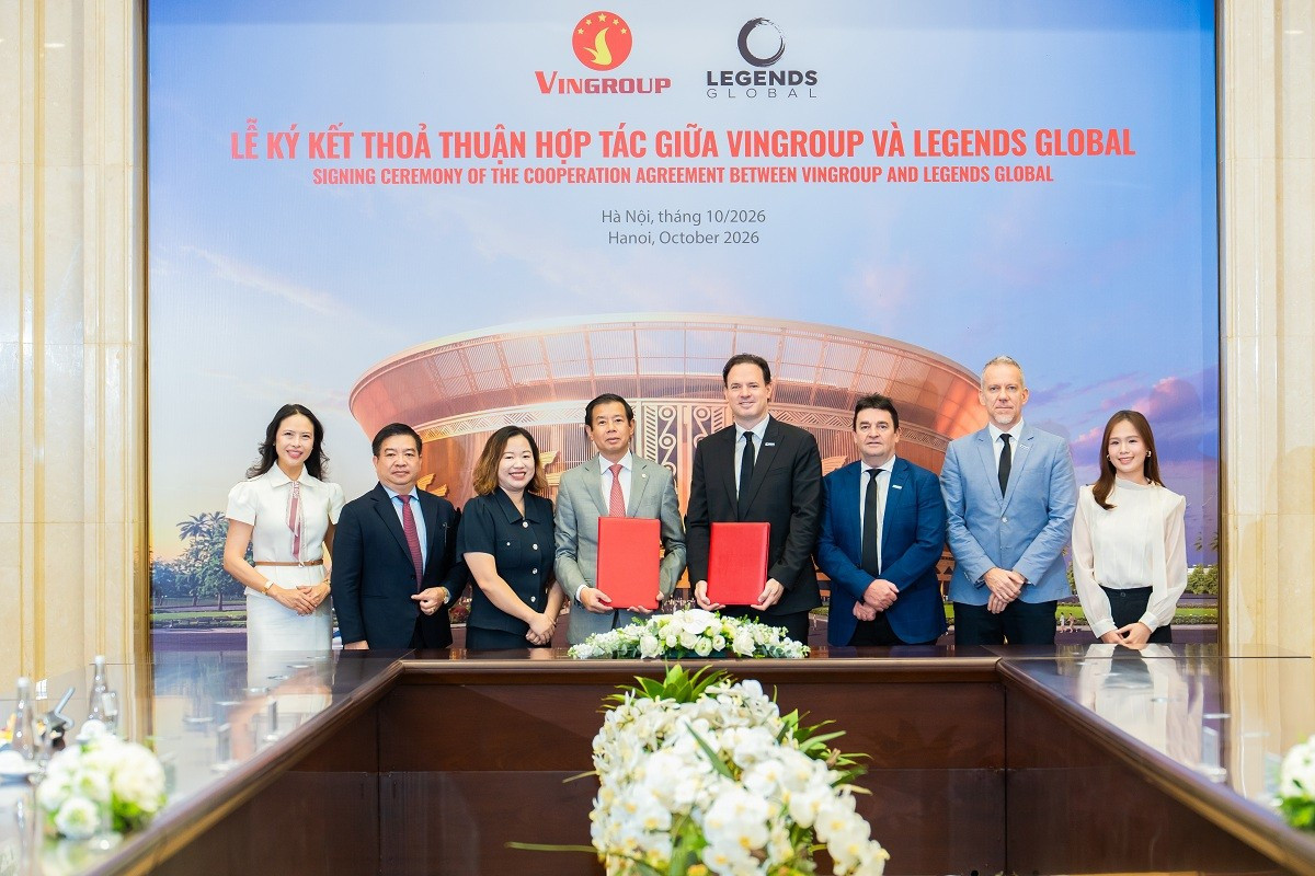 Lễ ký kết thỏa thuận hợp tác giữa Vingroup và Legends Global đánh dấu quan hệ đối tác chiến lược về việc tổ chức và vận hành sân vận động VinFast - Trống Đồng