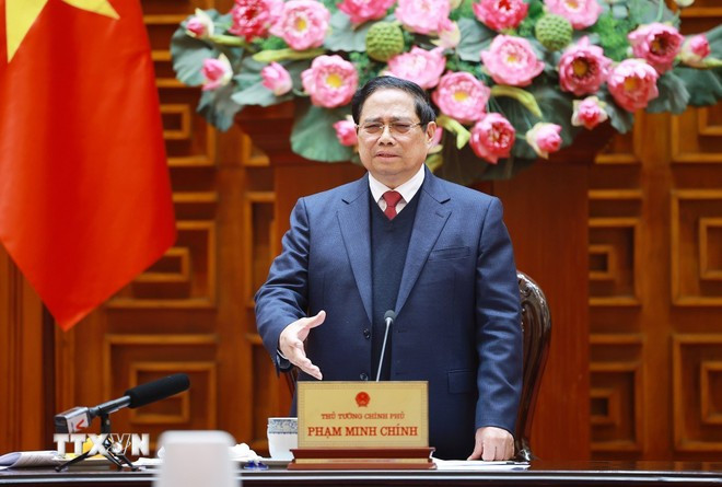 Thủ tướng Phạm Minh Chính phát biểu tại Phiên họp lần thứ năm của Ban Chỉ đạo xây dựng nhà máy điện hạt nhân. (Ảnh: Dương Giang/TTXVN). anh-2.jpg