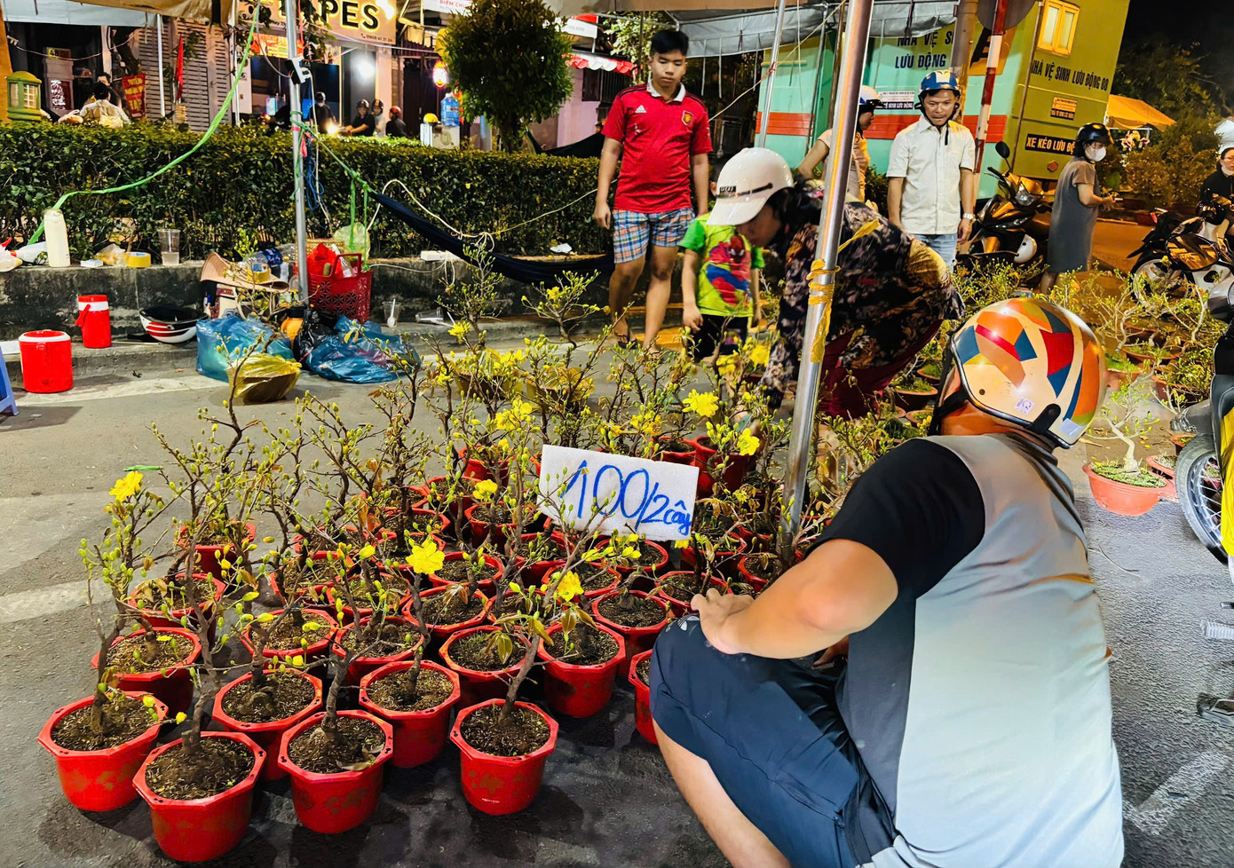 Mai mini mới trước đó vài tiếng có giá 100.000 -150.000/ chậu nhưng nay chỉ còn 100.000 đồng/ cặp, mất giá 50 -70%. Người dân tranh thủ “săn” hoa giá rẻ, chọn mua nhanh tay trước khi sạp dọn hàng. Có thời điểm, khách đứng kín lối đi, xe máy nối đuôi nhau chờ chở hoa về. z7537788912991-2423251daaa12eb87171eb97f0294f15.jpg