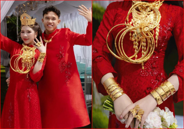 Tiền vệ Việt Nam SN 2001 cưới 'bà chủ tiệm vàng', cô dâu đội vương miện, trang sức phủ kín hai tay