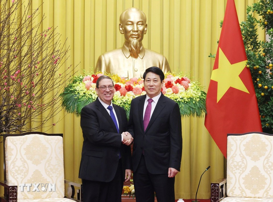 Chủ tịch nước Lương Cường tiếp Đặc phái viên Đảng, Nhà nước Cuba, Bộ trưởng Ngoại giao Cuba Bruno Rodríguez Parrilla. Ảnh: TTXVN cuba-6354.jpg
