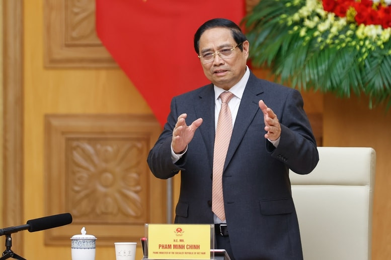 Thủ tướng Phạm Minh Chính phát biểu tại buổi tiếp các doanh nghiệp Thụy Sĩ và châu Âu - Ảnh: VGP/Nhật Bắc