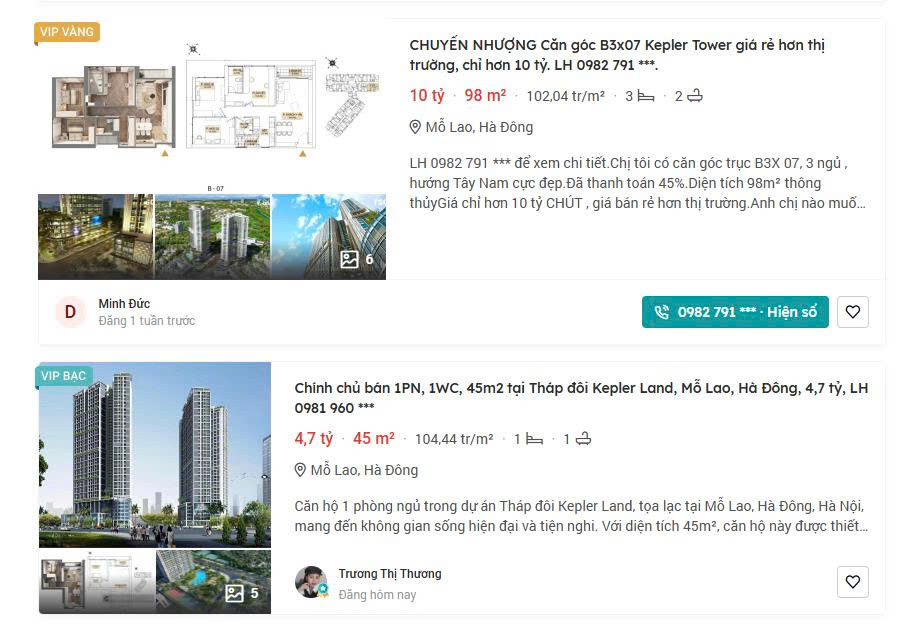 Thông tin rao bán căn hộ tại Tháp đôi Kepler Land trên trang Batdongsan.com.vn Thông tin rao bán căn hộ tại Tháp đôi Kepler Land trên trang Batdongsan.com.vn