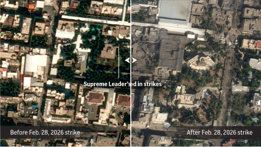 Khu phức hợp của Đại giáo chủ Iran Khamenei trước và sau khi bị tấn công. (Nguồn: AP) screen-shot-2026-03-01-at-94938-am.png