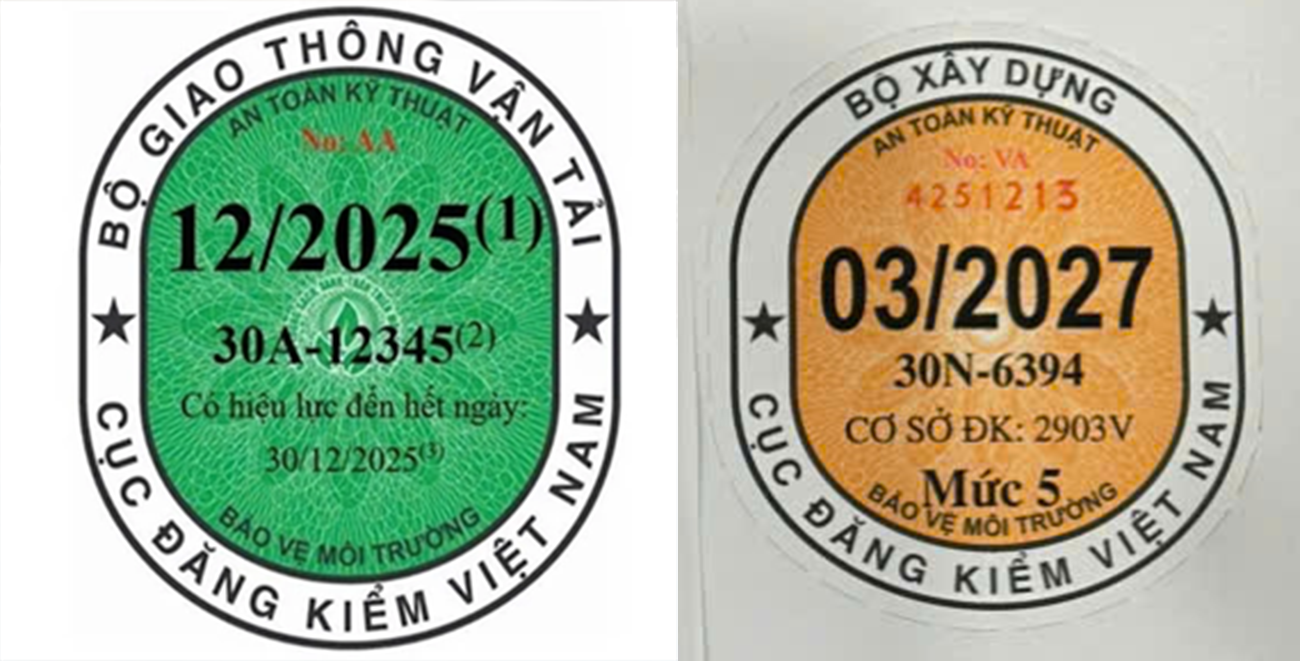 Mẫu tem đăng kiểm mới (màu vàng) không còn dòng thông tin ngày hết hạn đăng kiểm cụ thể như mẫu cũ (màu xanh). Ảnh: Lộc Liên. mau-tem-dang-kiem.png