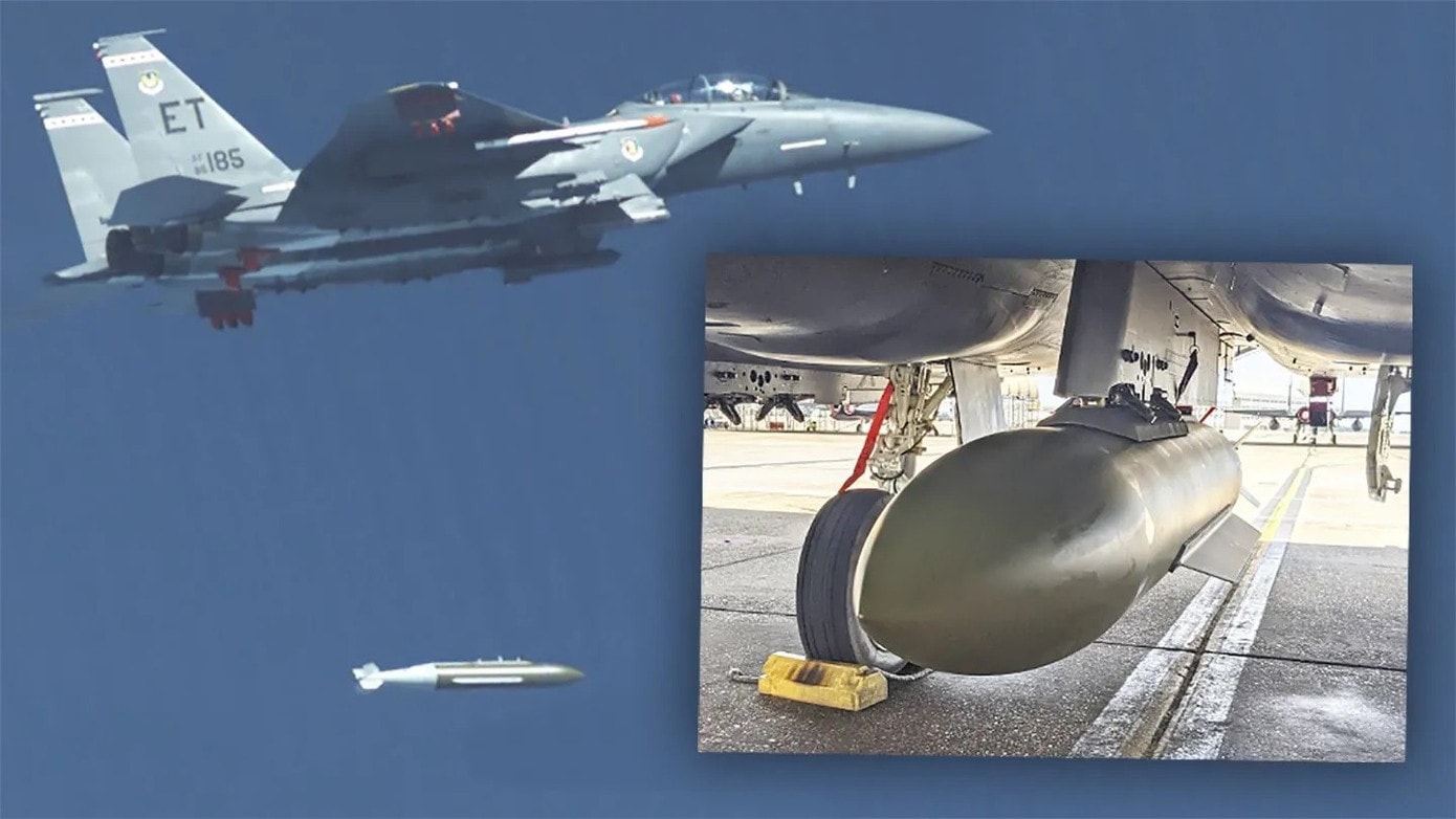 Bom xuyên phá hầm ngầm GBU-72 Advanced 5K Penetrator có thể được triển khai từ máy bay trong bất kỳ điều kiện thời tiết nào. Ảnh: TMZ. bom-xuyen-pha-ham-ngam.jpg