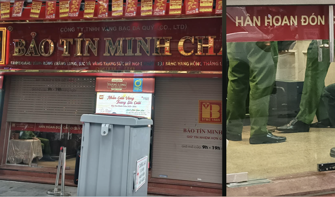Cảnh sát xuất hiện tại cơ sở kinh doanh Bảo Tín Minh Châu. Ảnh: Thanh Hà. screen-shot-2026-03-25-at-154537.png