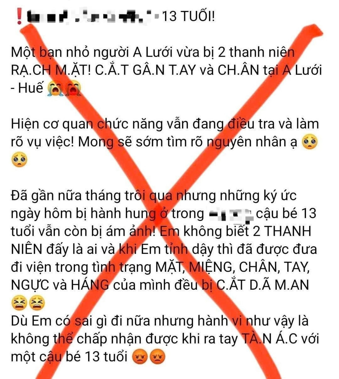 Cơ quan công an tại Huế bác bỏ thông tin sai sự thật về một thiếu niên 13 tuổi tại A Lưới bị người lạ rạch mặt, cắt gân. tin-gia.jpg