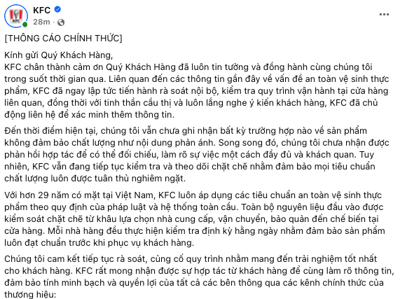 KFC chính thức lên tiếng trước thông tin về an toàn thực phẩm - Ảnh 1.